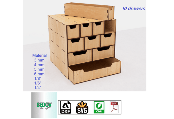 Laser Cut Organizer Box of 10 Drawers for Crafting