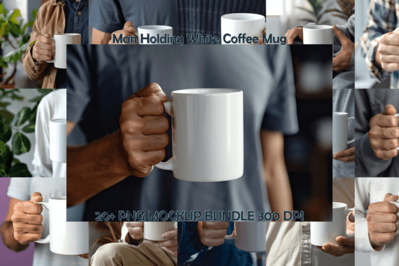 Man Holding White Coffee Mug Mockup Bundle for Graphics and Patterns