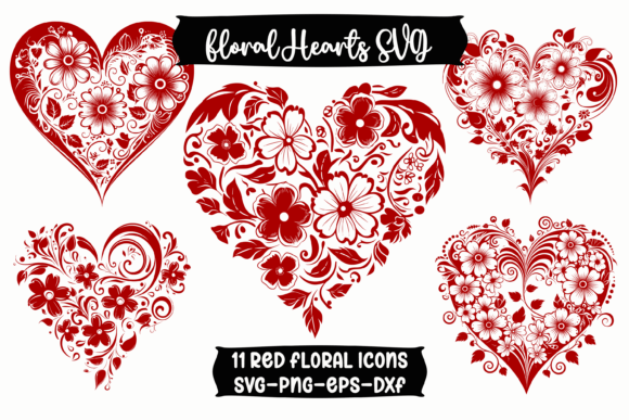 Red Floral Hearts SVG Icons Set for Crafts and Graphics